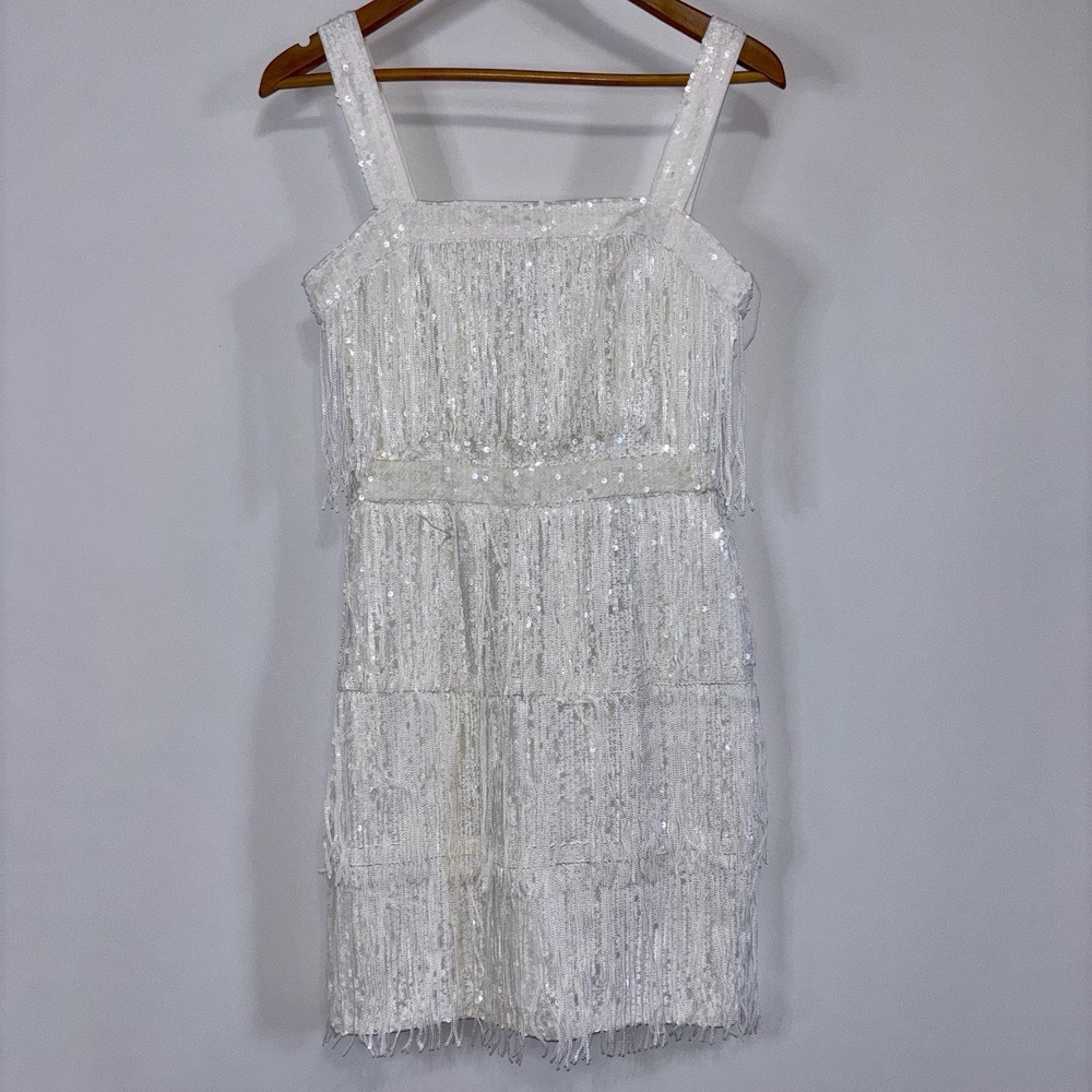SHEIN White Sequin Fringe Mini Dress Sleeveless Party Cocktail Size Small - Picture 2 of 7